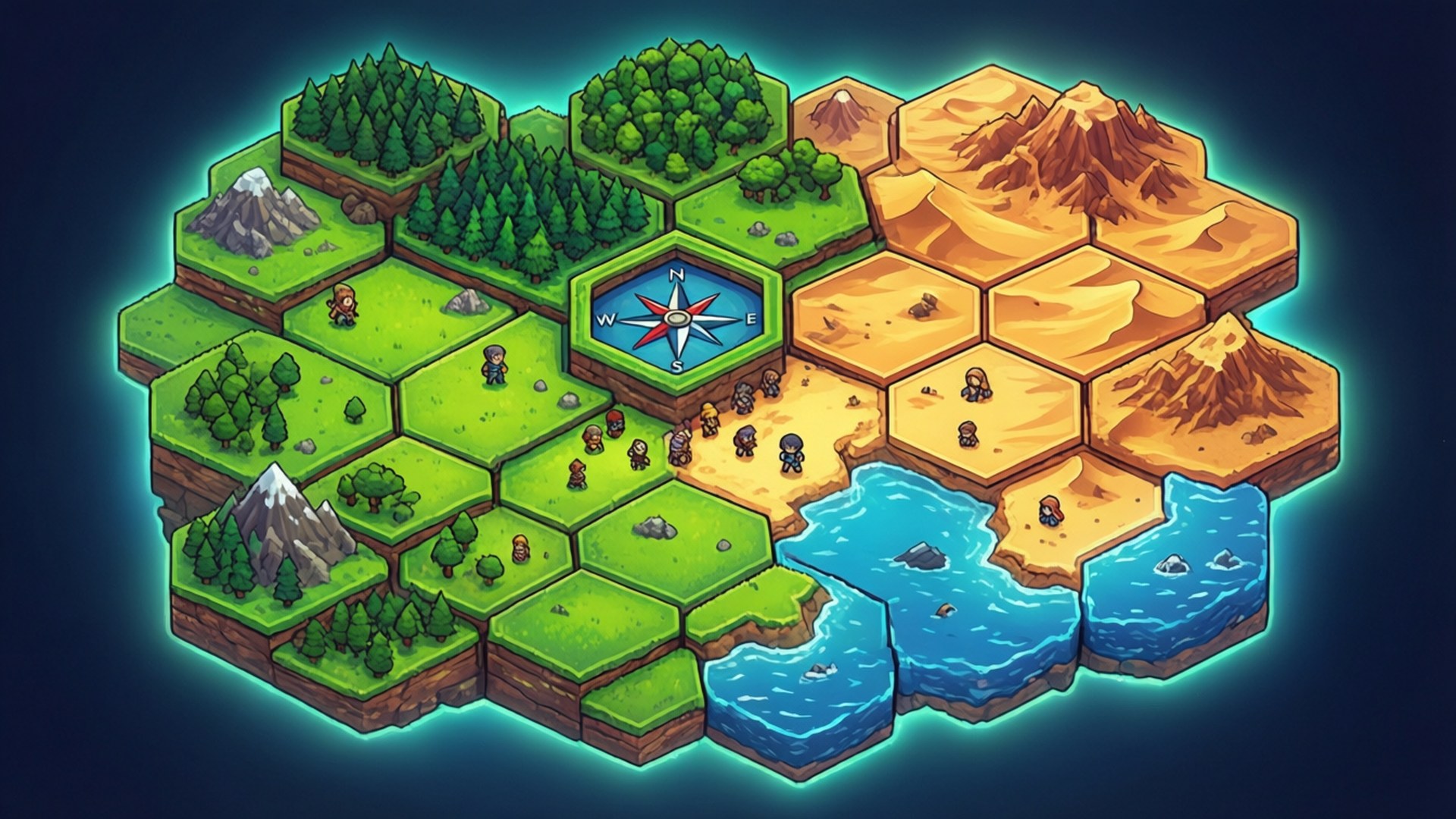 Overworld 桌布 壁紙 — 一個發光的等距六角網格地圖，包含森林、山脈、沙漠和海洋，並有小型冒險者和中央指南針。