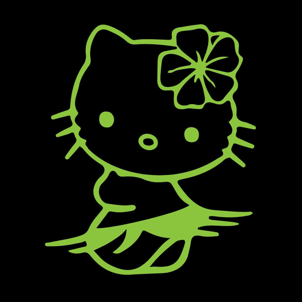  壁紙 — 在黑色背景上，Hello Kitty 戴著花朵頭帶的發光青綠色輪廓。