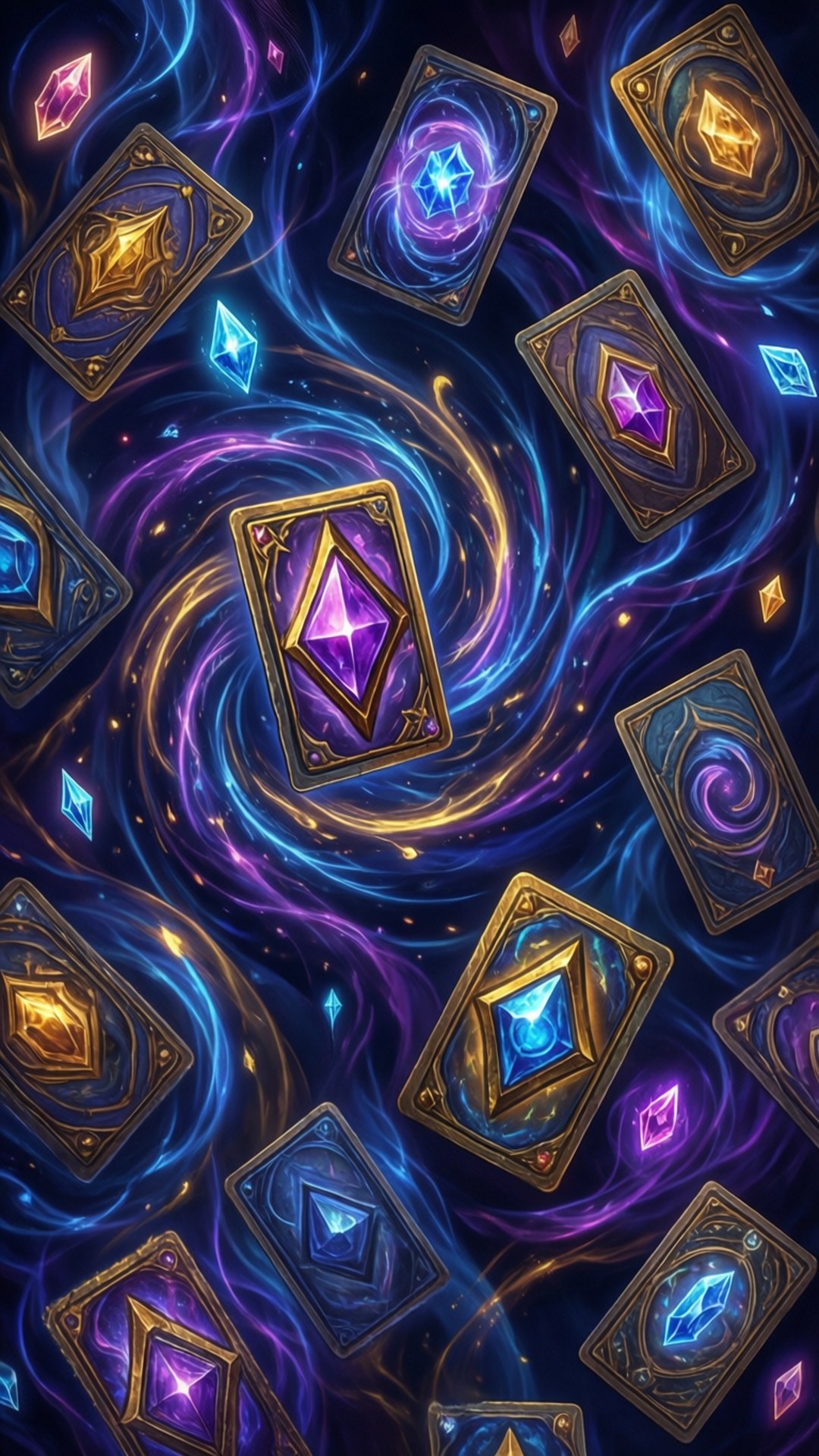 Best Hearthstone 桌布 壁紙 — 閃爍的魔法卡牌鑲有寶石，在藍色、紫色和金色的宇宙能量漩渦中旋轉。