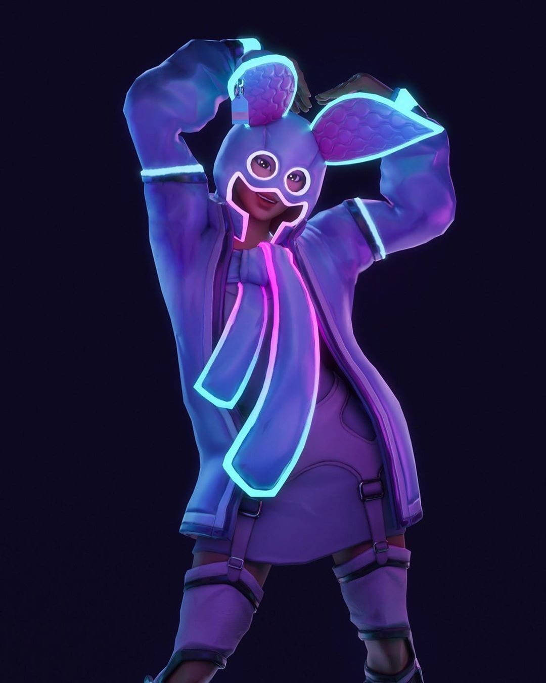 一個穿著發光霓虹燈兔子服裝的人正在動態地擺姿勢。 — Fortnite 壁紙