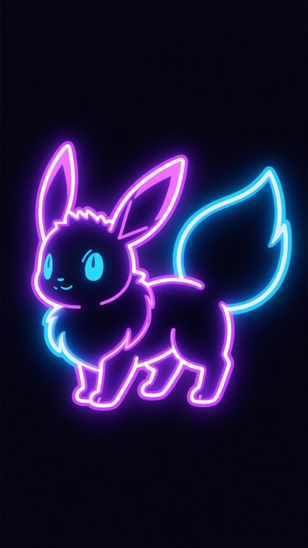 Neon Eevee Silhouette 壁紙 — 在黑色背景上，紫色和藍色的發光霓虹伊布輪廓。