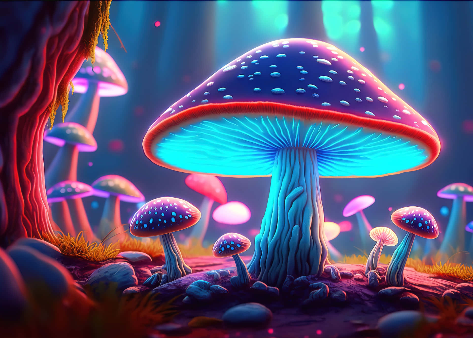  壁紙 — 在神秘暮色天空下，發光的霓虹蘑菇森林，有鮮豔的藍色和粉紅色真菌。