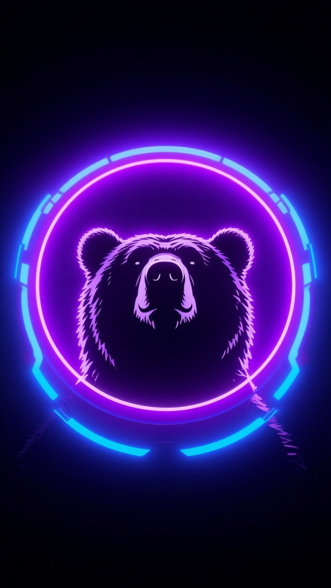 Neon Bear 壁紙 — 一個發光的霓虹紫色和藍色圓形框架包裹著一個風格化的熊頭，背景為深色。