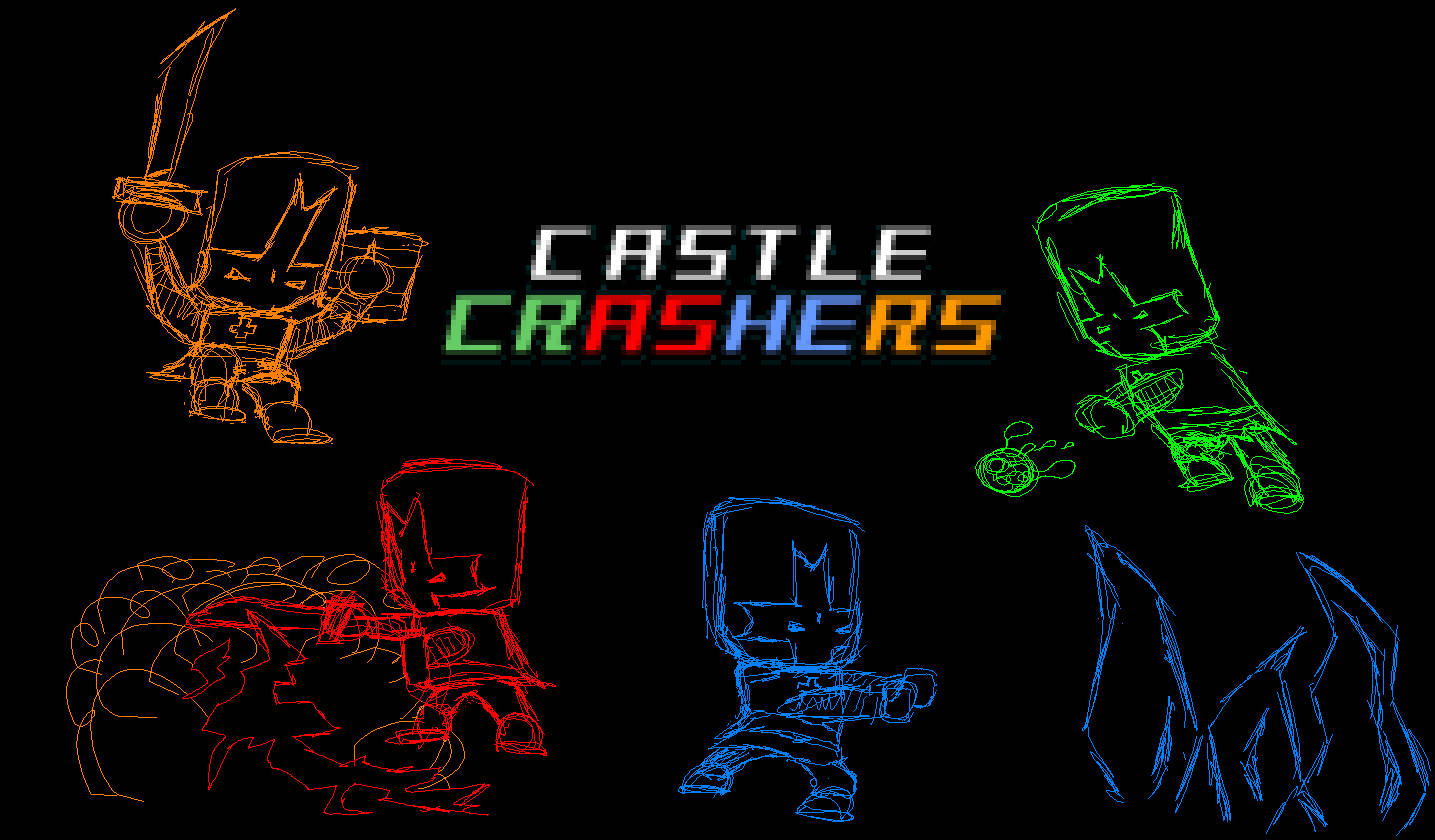 Castle Crashers 桌布 壁紙 — Castle Crashers 的發光霓虹線框角色站在黑色背景上，遊戲標題以彩色塊狀字母呈現。