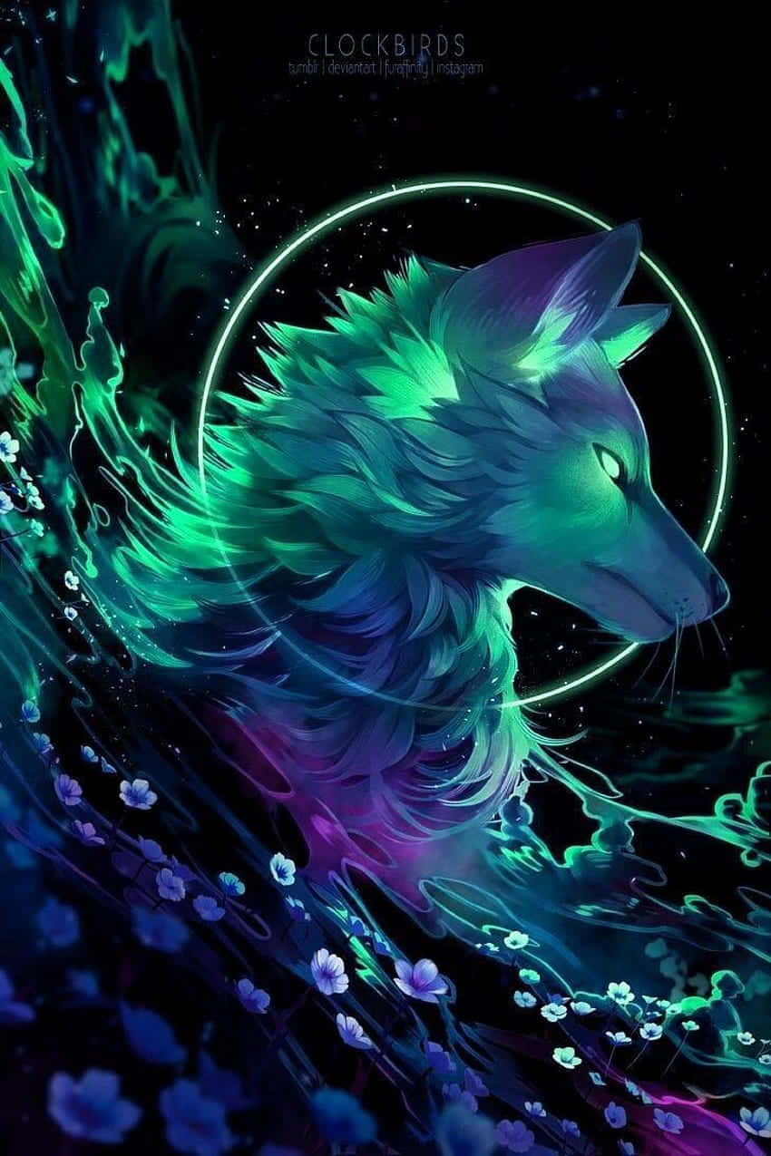  壁紙 — 一隻發光的霓虹狼，帶有電光綠和紫色毛髮，站在漂浮的花朵中，在宇宙環下，以星空夜空為背景。