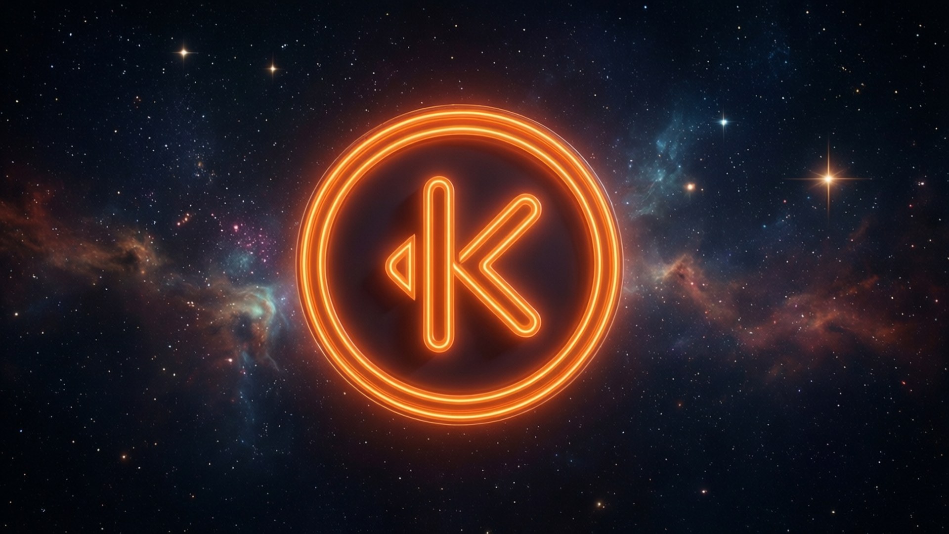 桌布 壁紙 — 一個發光的橙色霓虹燈 'K' 標誌在圓圈內漂浮，背景是繁星點點的宇宙和色彩繽紛的星雲。
