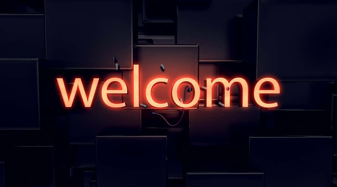  壁紙 — 一個發光的橙色霓虹燈牌，拼寫著welcome，在黑色面板組成的深色幾何牆上格外突出。