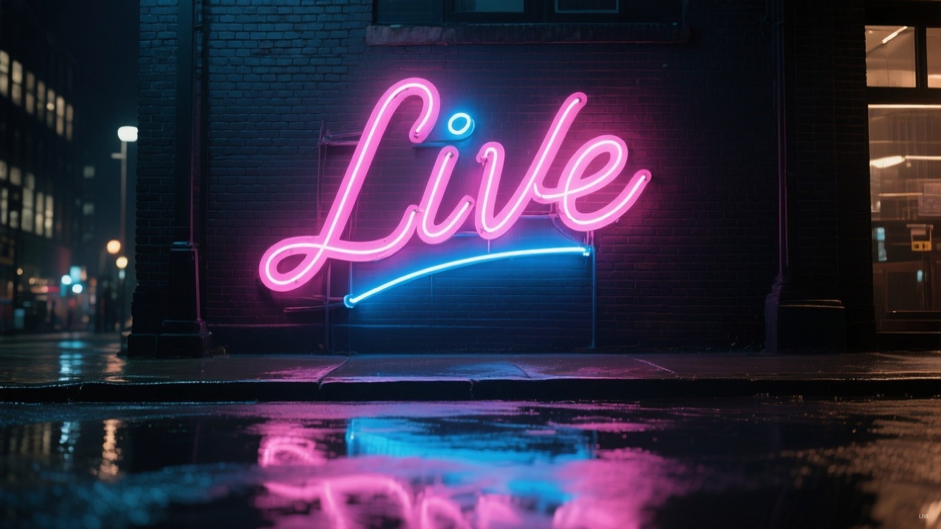 Neon Live Sign 壁紙 — 一個發光的粉紅色和藍色霓虹燈牌，拼出「Live」，在夜間照亮濕漉漉的磚牆，並在人行道上反射。