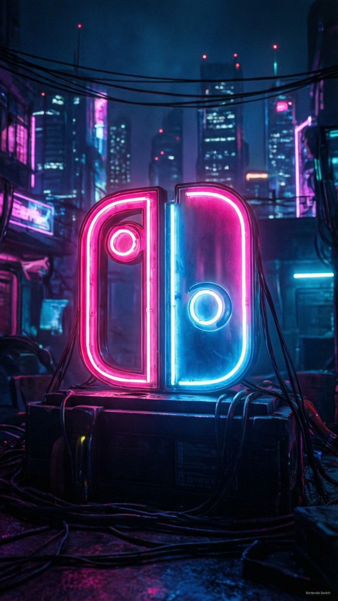 Neon Switch Logo 壁紙 — 一個發光的粉紅色和藍色霓虹燈牌，形狀像Nintendo Switch，矗立在夜晚的賽博龐克城市景觀中。