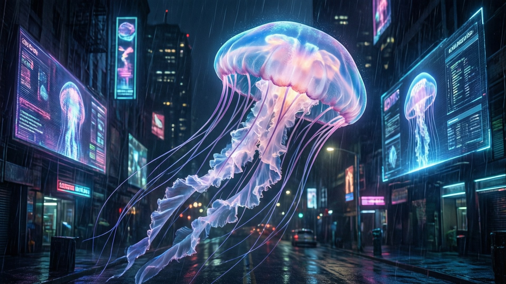 水母 桌布 壁紙 — 一隻發光的粉紅色水母漂浮在雨中霓虹閃爍的賽博龐克城市街道上，街道上有數位廣告牌。