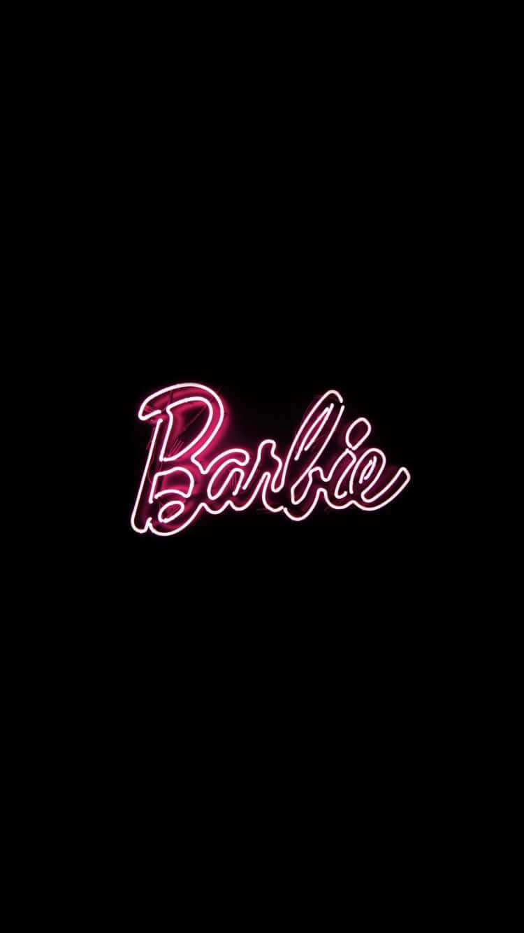  壁紙 — 一個發光的粉紅色霓虹燈牌，在純黑色背景上拼出「Barbie」。