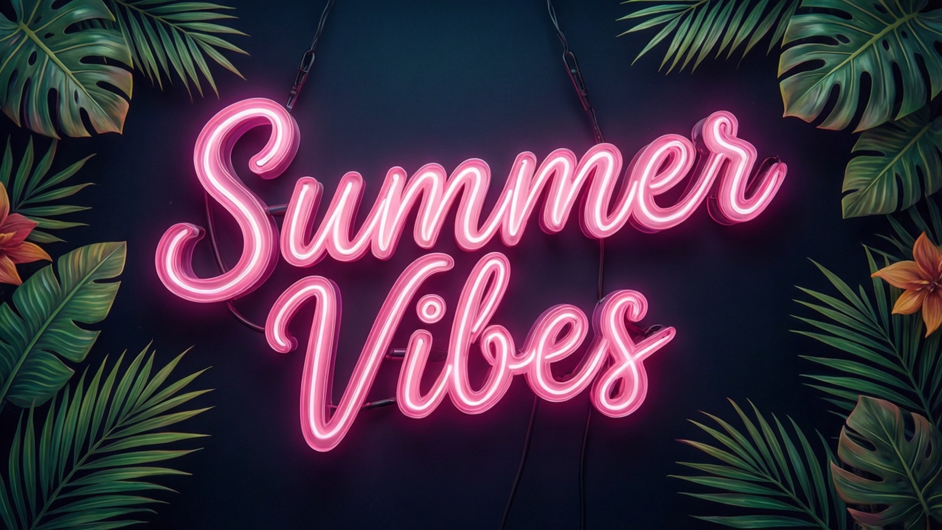 Neon Summer Vibes Sign 壁紙 — 一個發光的粉紅色霓虹燈牌，上面寫著 Summer Vibes，周圍環繞著茂盛的熱帶葉子和橙色花朵，背景為深色。