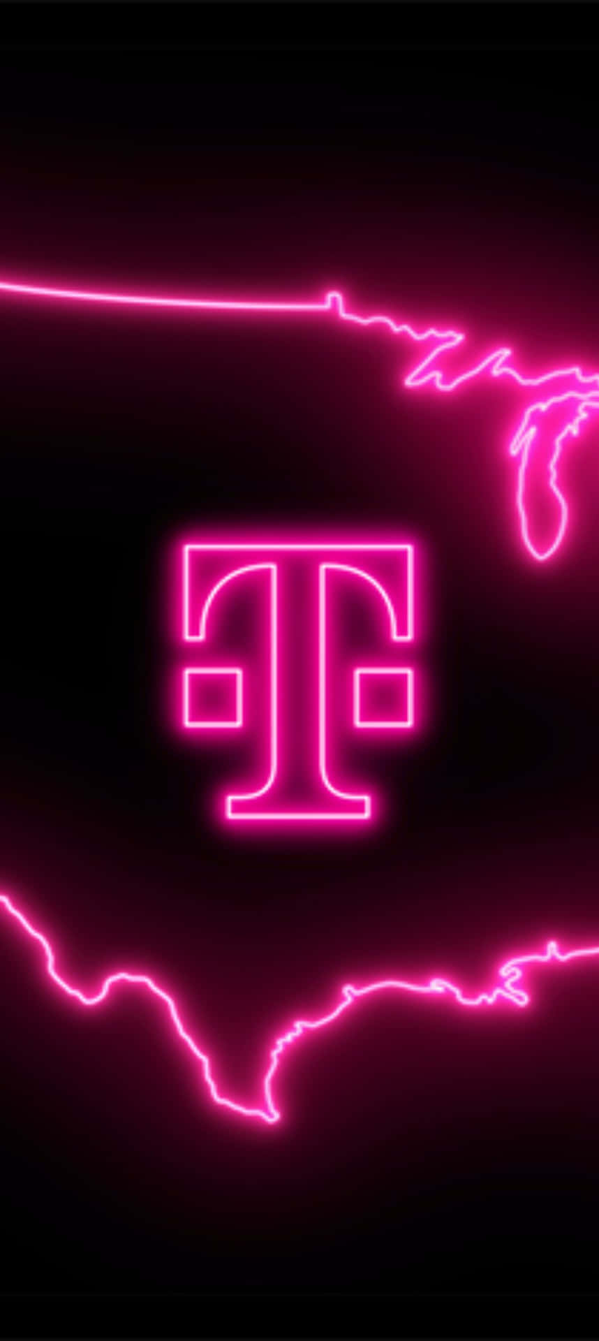 壁紙 — 在黑色背景上，一個發光的粉紅色霓虹燈 T-Mobile 標誌置於美國的霓虹輪廓中央。
