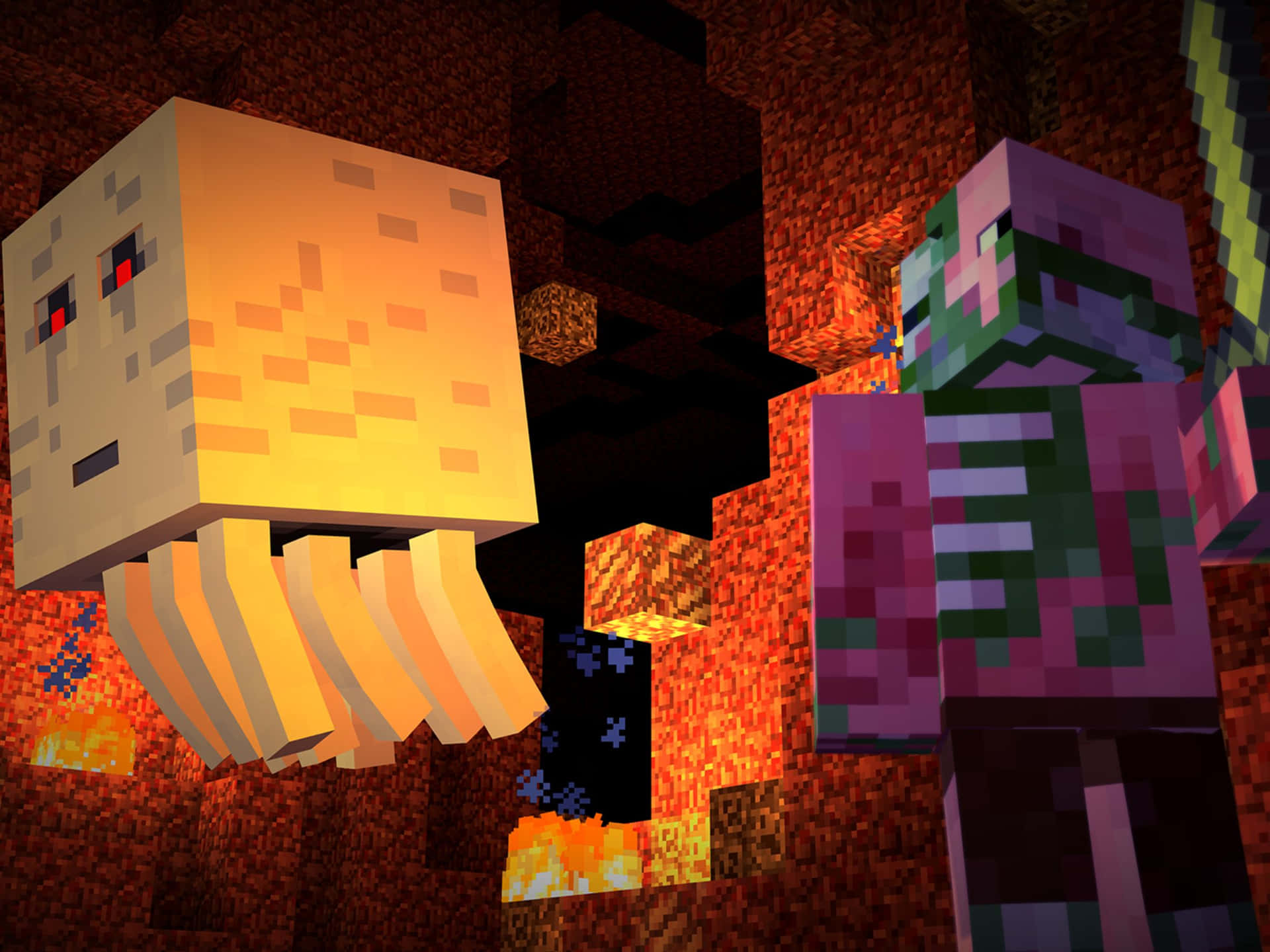  壁紙 — 一個發光的像素化水母和一個殭屍站在一個熾熱的Minecraft洞穴中，下方有岩漿。
