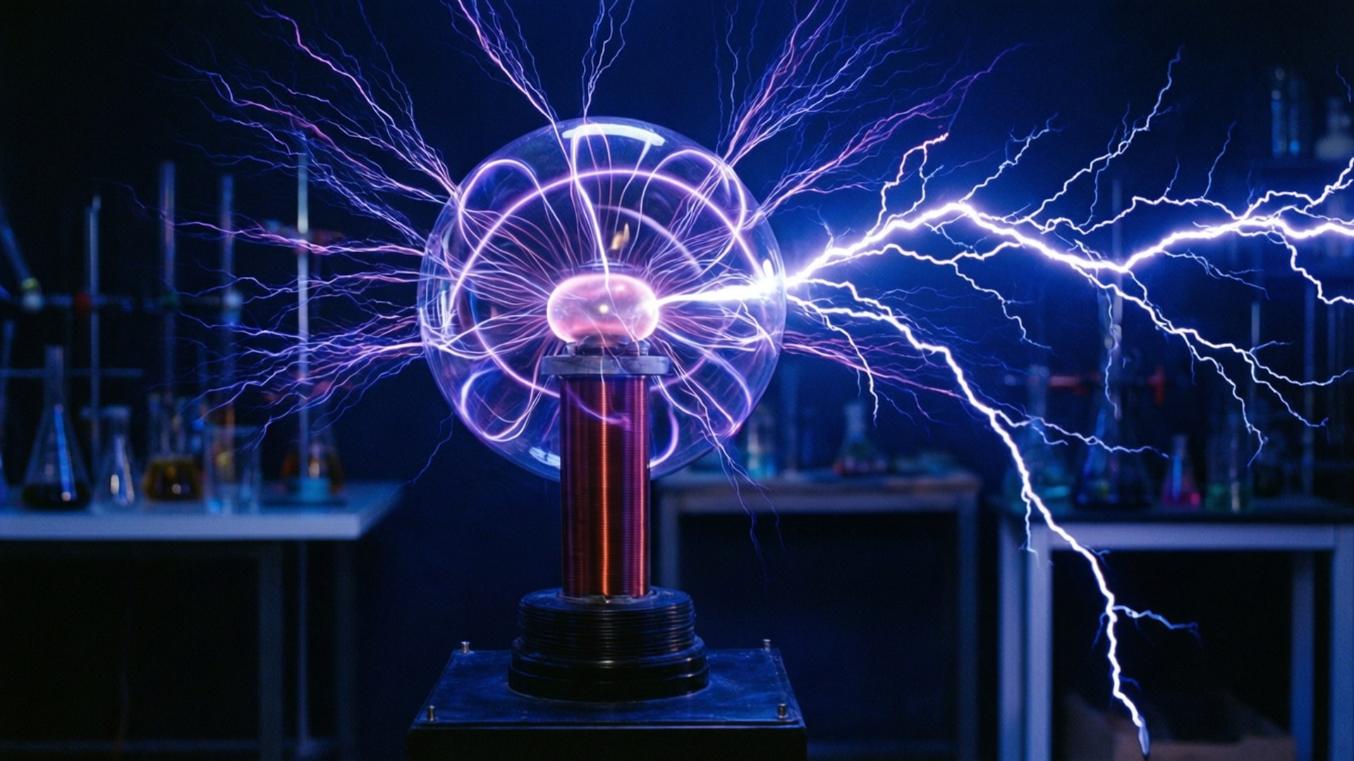 Tesla Coil Lightning 壁紙 — 一個發光的等離子球體在充滿玻璃器皿的黑暗實驗室中發出鮮豔的紫色和藍色閃電。