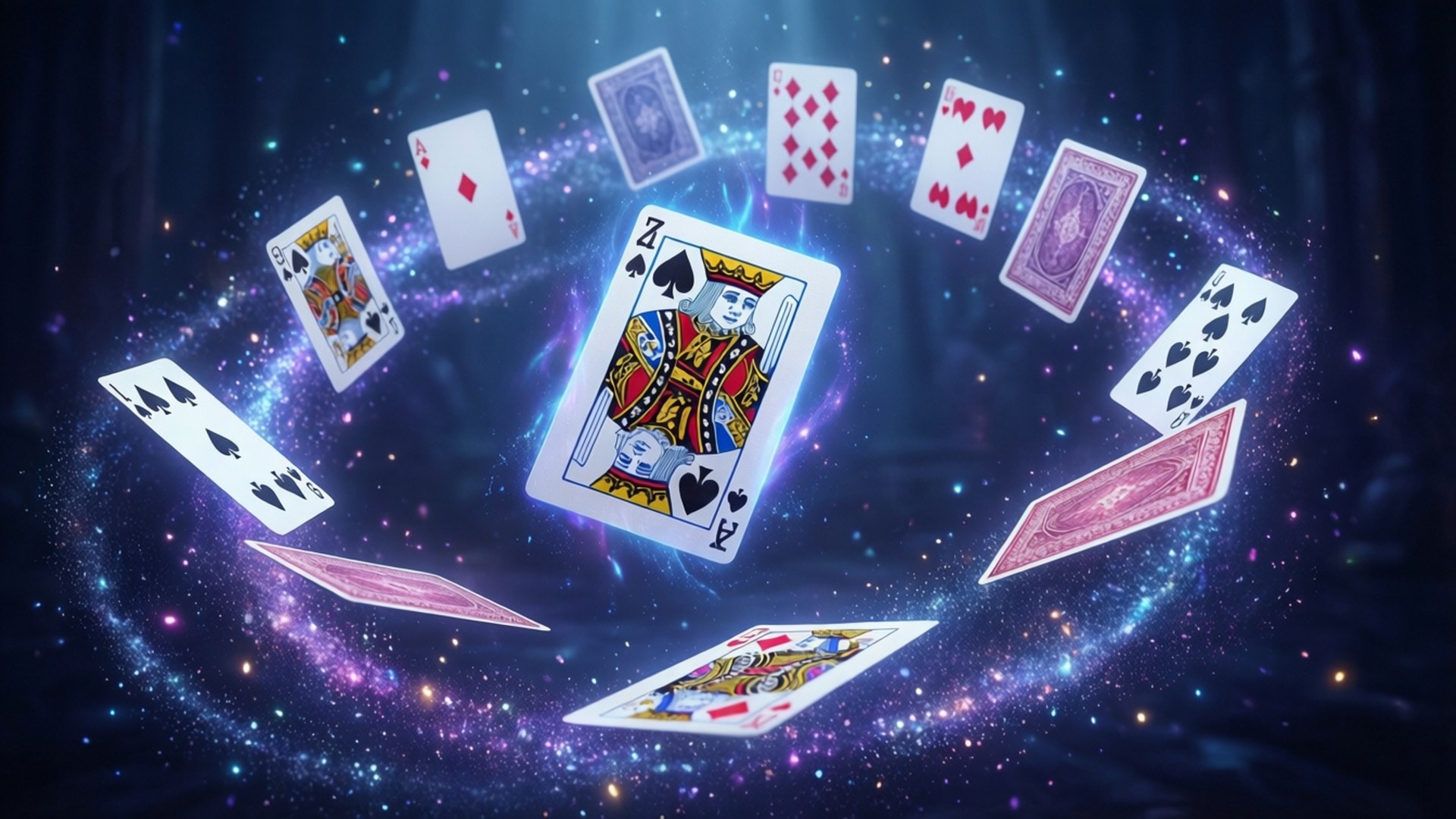 Floating Solitaire Spell 壁紙 — 發光的撲克牌漂浮在紫色和藍色星星的旋轉宇宙漩渦中。