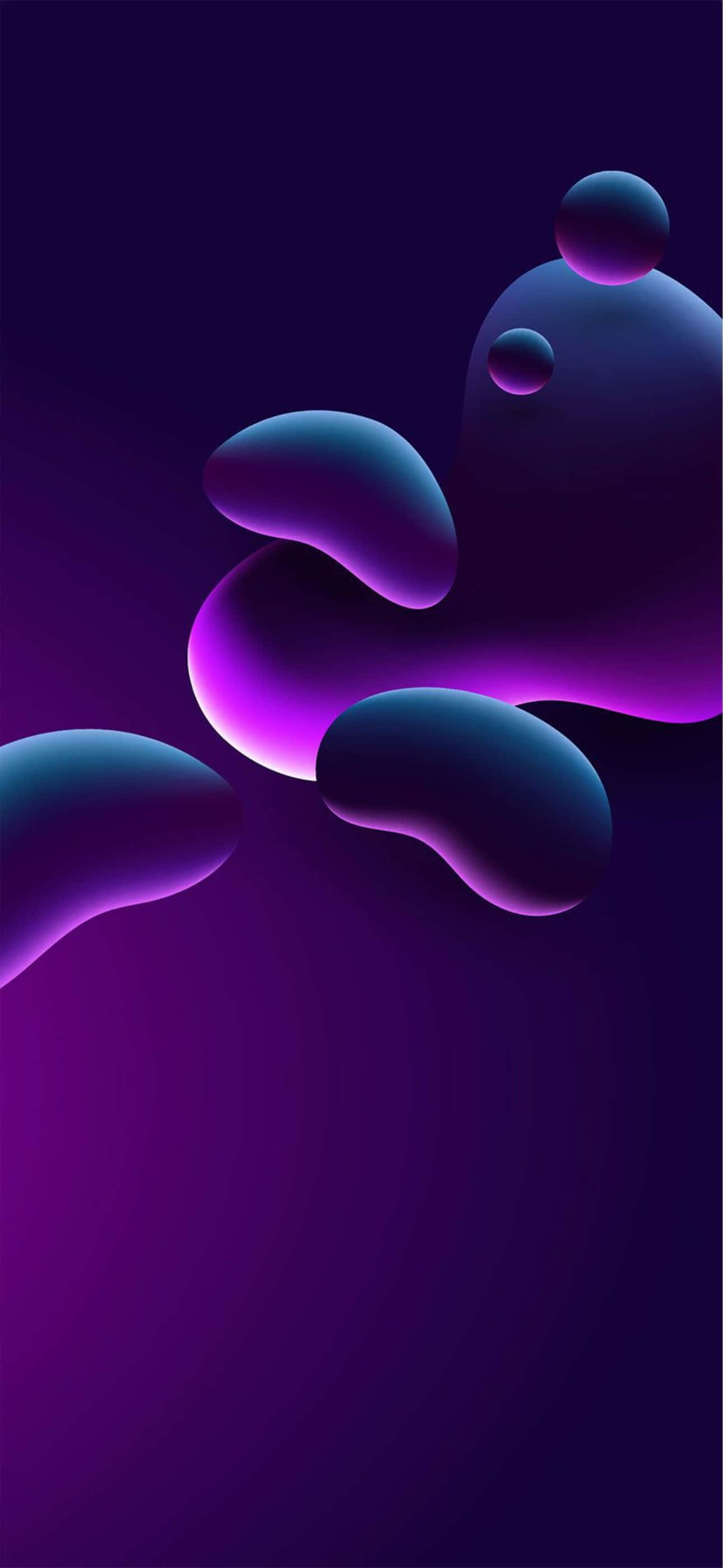 在黑暗漸變空間中漂浮的抽象發光紫色和藍色形狀。 — iPhone 11 Pro Max 壁紙