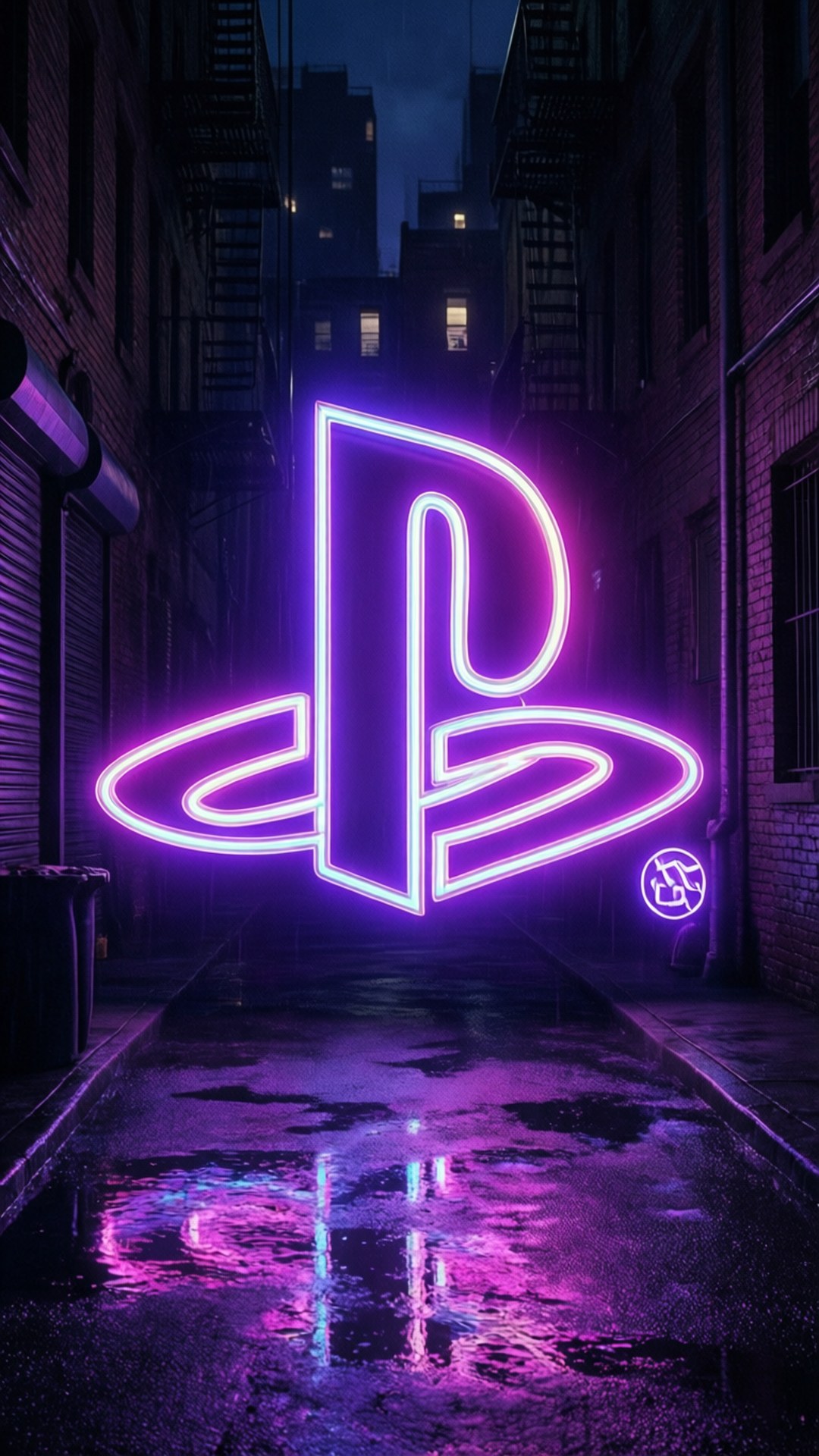 Vaporwave Sign 壁紙 — 一個發光的紫色和藍色PlayStation標誌霓虹燈牌照亮了夜晚潮濕的城市小巷，並在水坑中反射。