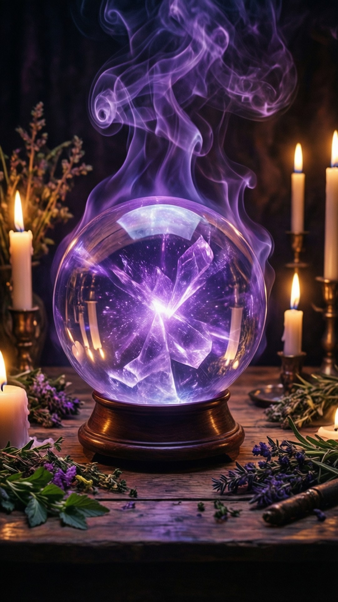 Crystal Ball Divination 壁紙 — 一個發光的紫色水晶球散發出旋轉的煙霧，周圍環繞著點燃的蠟燭和薰衣草，放在木桌上。