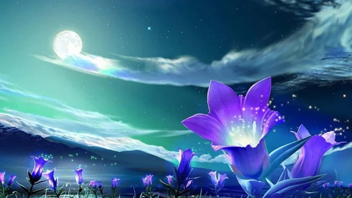 滿月下發光的紫色花朵，伴隨著旋轉的藍綠色雲彩和閃爍的星星。 — 3D 壁紙