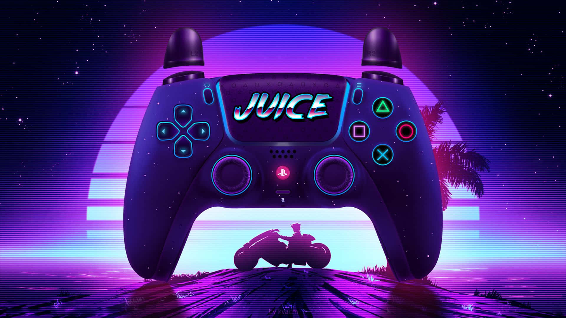  壁紙 — 一個發光的紫色遊戲控制器，帶有 'JUICE' 文字，以機車剪影和棕櫚樹的霓虹日落為背景。