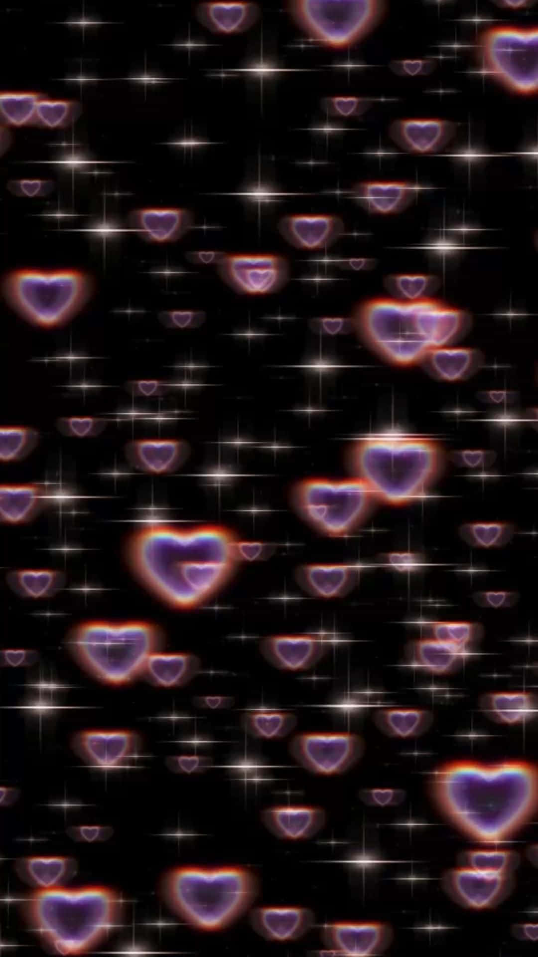  壁紙 — 發光的紫色心形在深邃的黑色背景上，伴隨著閃爍的星星漂浮。