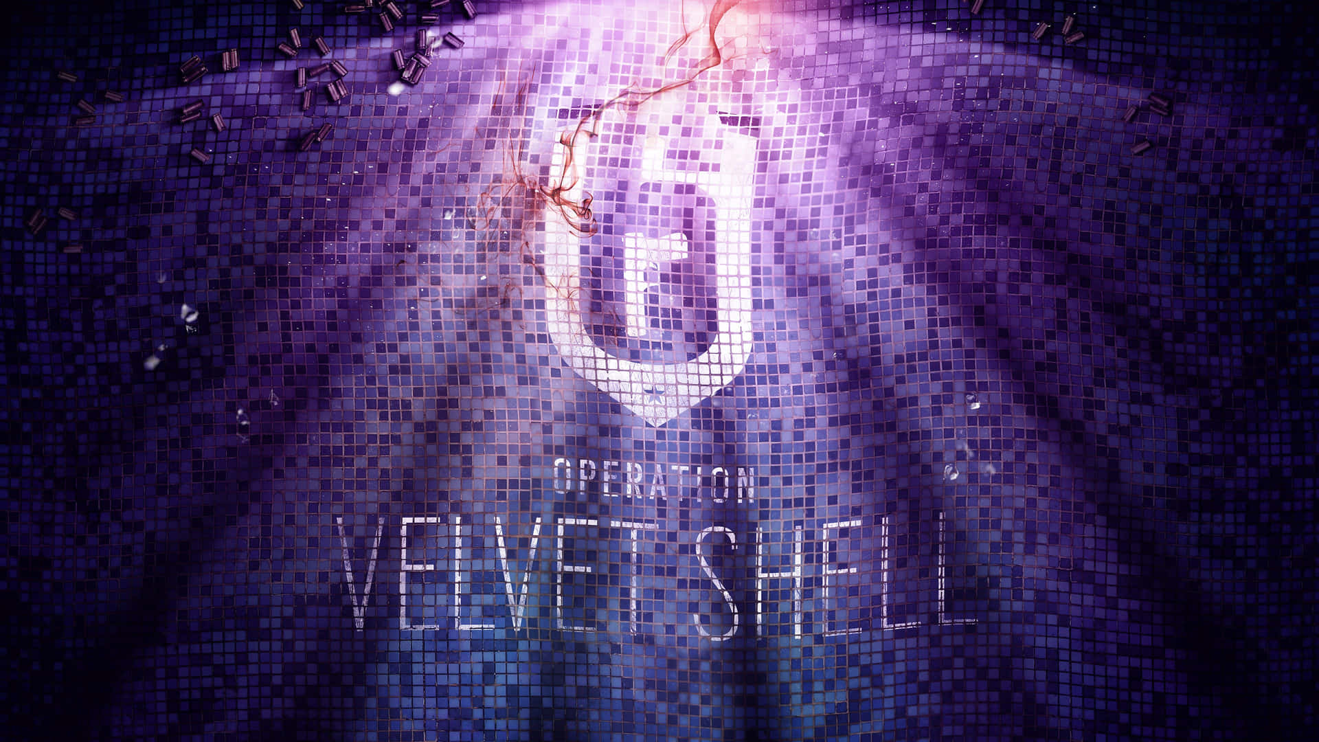  壁紙 — 發光的紫色馬賽克背景，帶有盾牌標誌和文字「Operation Velvet Shell」，由耀眼的光線照亮。