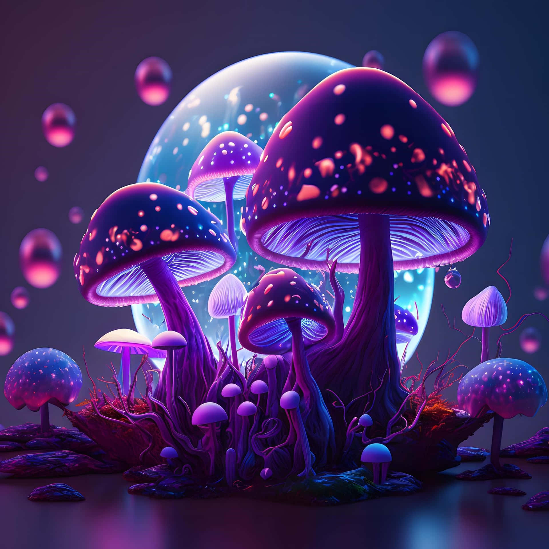  壁紙 — 發光的紫色蘑菇帶有粉紅色斑點，在超現實的奇幻森林中，在明亮的藍色月亮下生長。