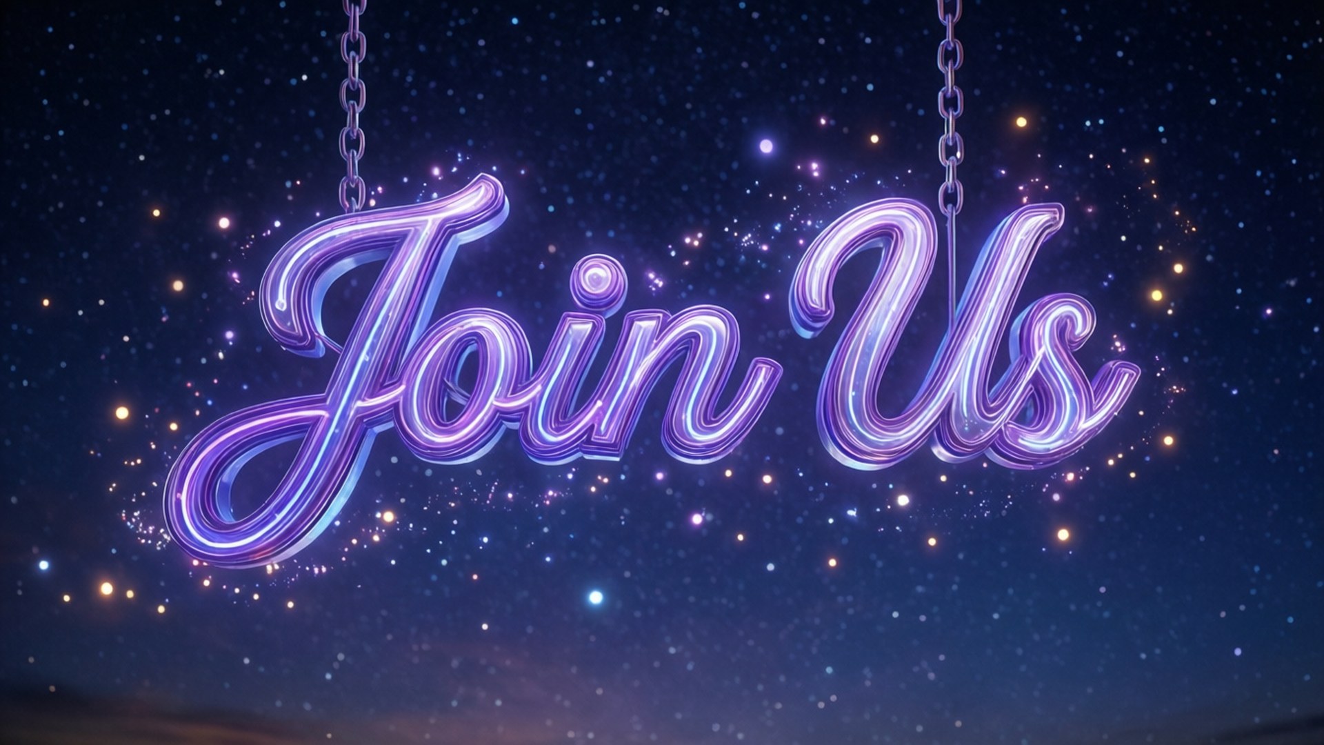 Join US 桌布 壁紙 — 一個發光的紫色霓虹燈牌，上面寫著「Join Us」，用鏈條掛在滿天星斗的夜空下。