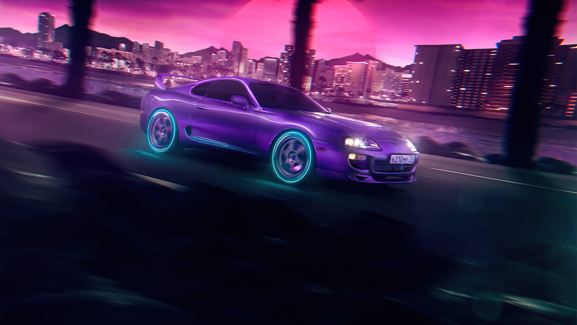紫色跑車帶有發光車輪，在夜晚穿過霓虹城市。 — Toyota Supra 壁紙