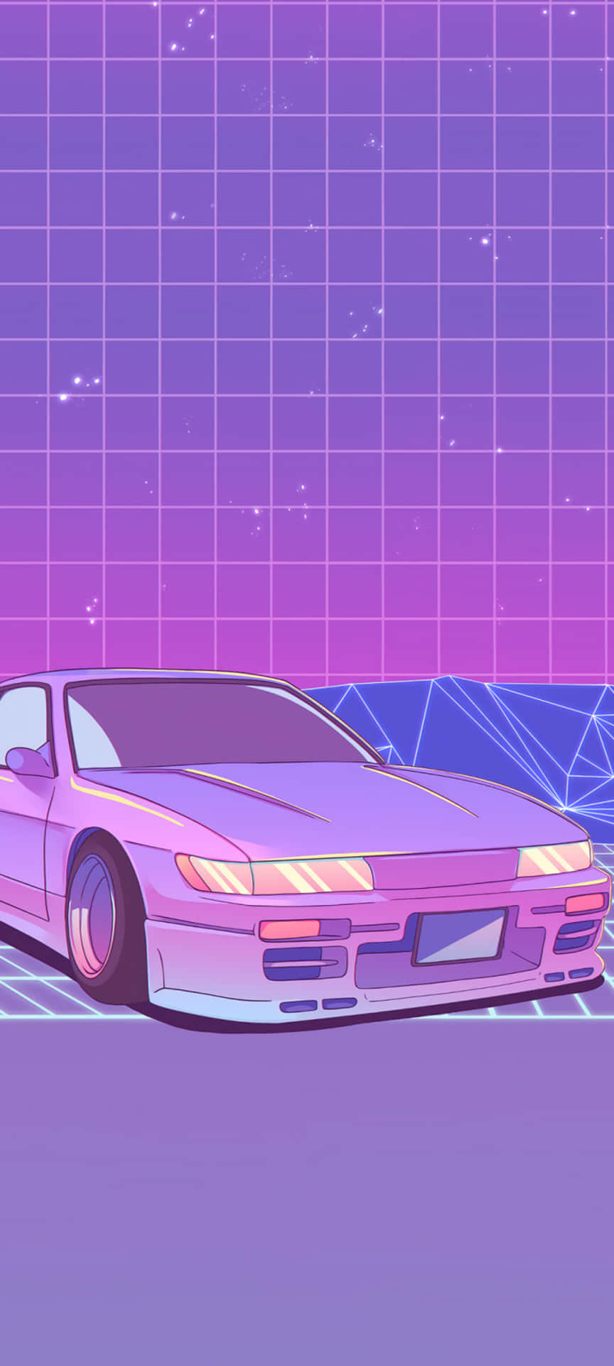  壁紙 — 一輛發光的紫色跑車停在霓虹燈網格上，背景是星空復古天空和幾何山脈。