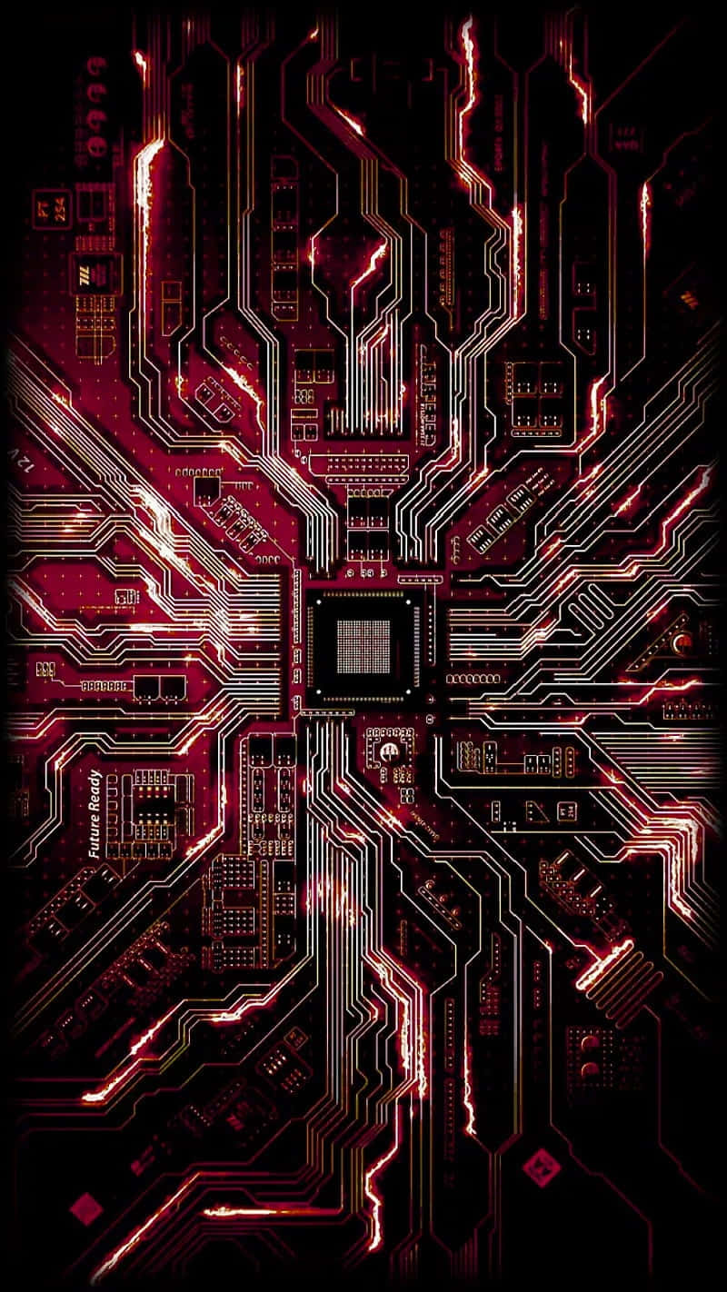  壁紙 — 發光的紅色和黑色電路板，帶有複雜的路徑和散發數位能量的中央晶片。