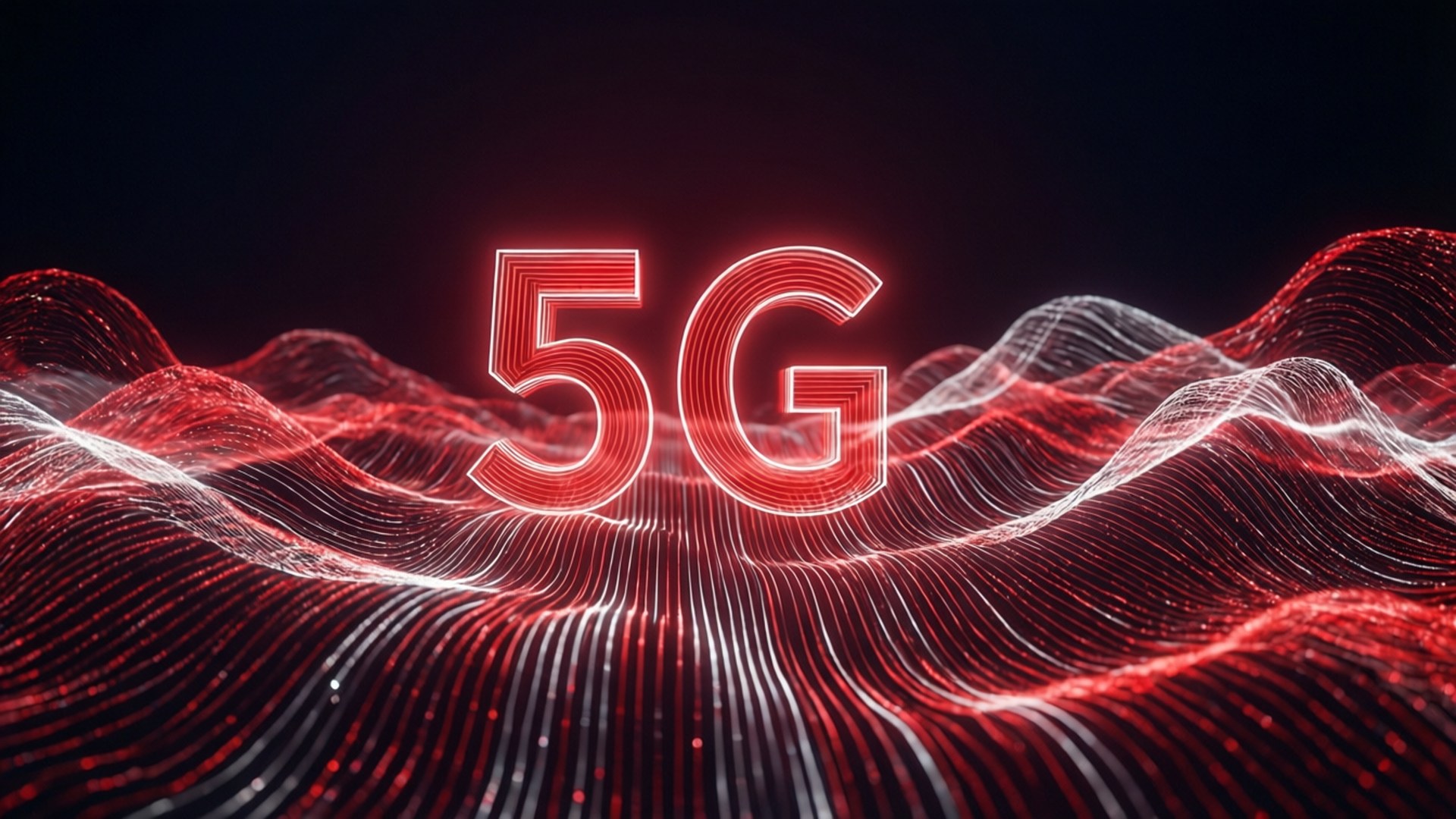 Verizon 桌布 壁紙 — 發光的紅色和白色霓虹5G文字漂浮在動態數位波浪圖案之上，背景為深色。