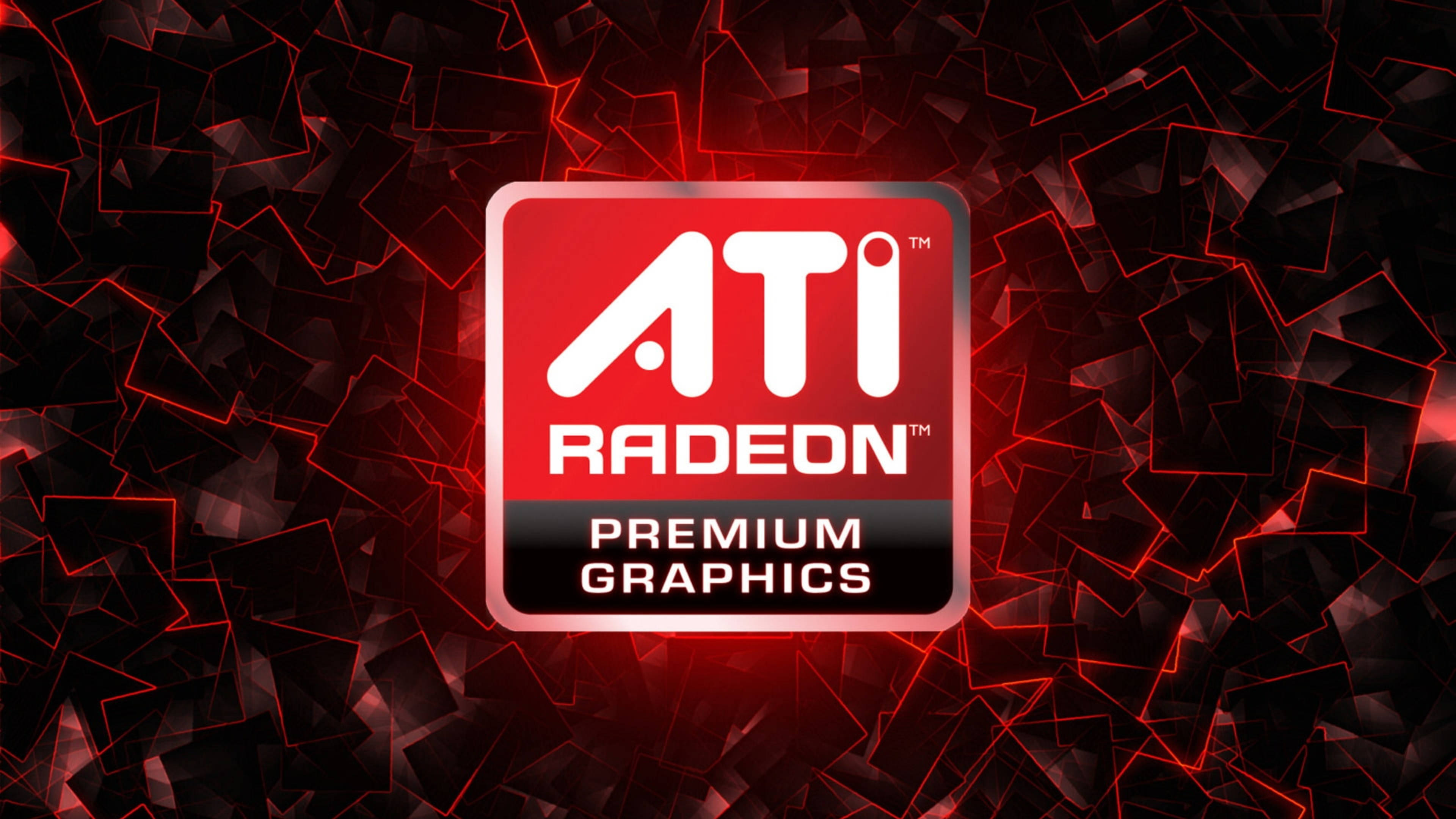 深紅色幾何背景上的ATI Radeon Premium Graphics標誌 — Amd 壁紙