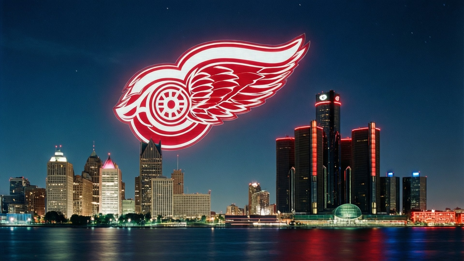 Detroit Nights 壁紙 — 一個巨大的發光紅色底特律紅翼標誌懸浮在夜間燈火通明的底特律天際線上。