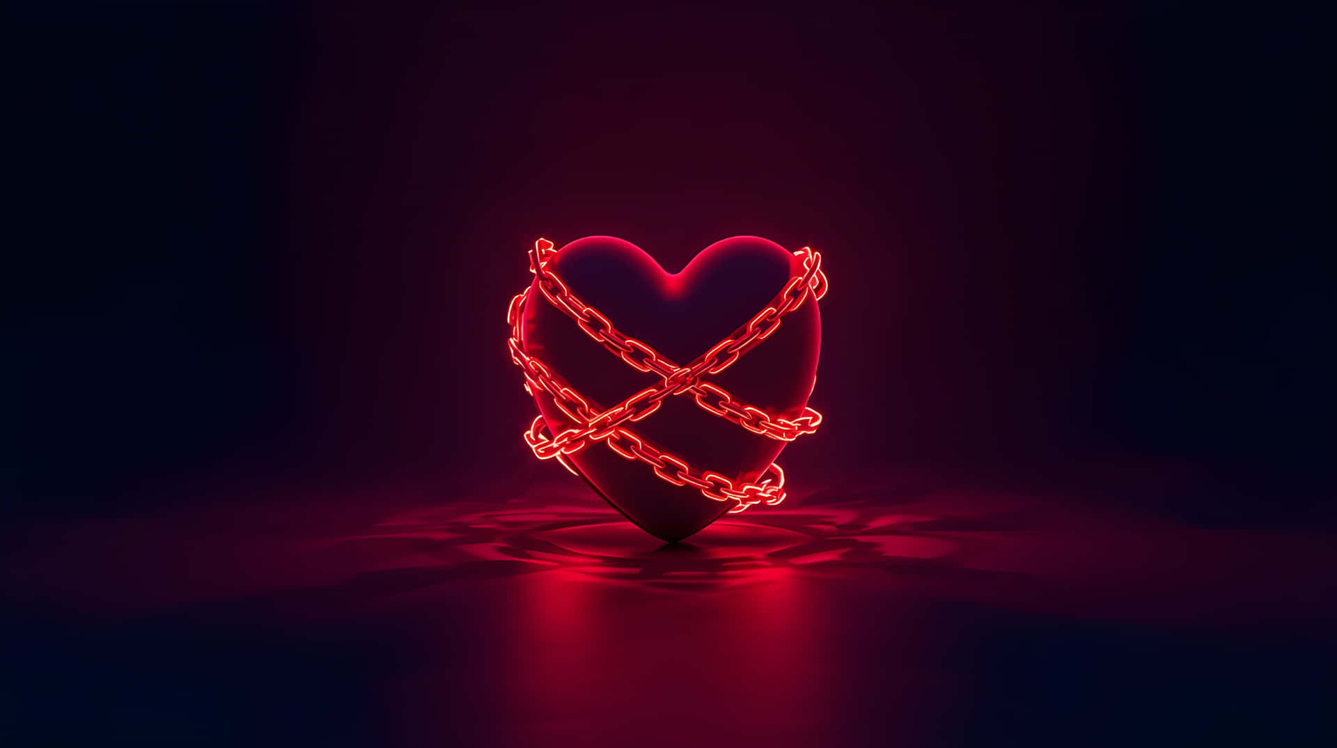 Neon Red Glowing Chained Heart 3D Render Wallpaper 壁紙 — 一個發光的紅色心形被明亮的霓虹鏈條包裹，在黑暗的表面上投射出鮮明的倒影。