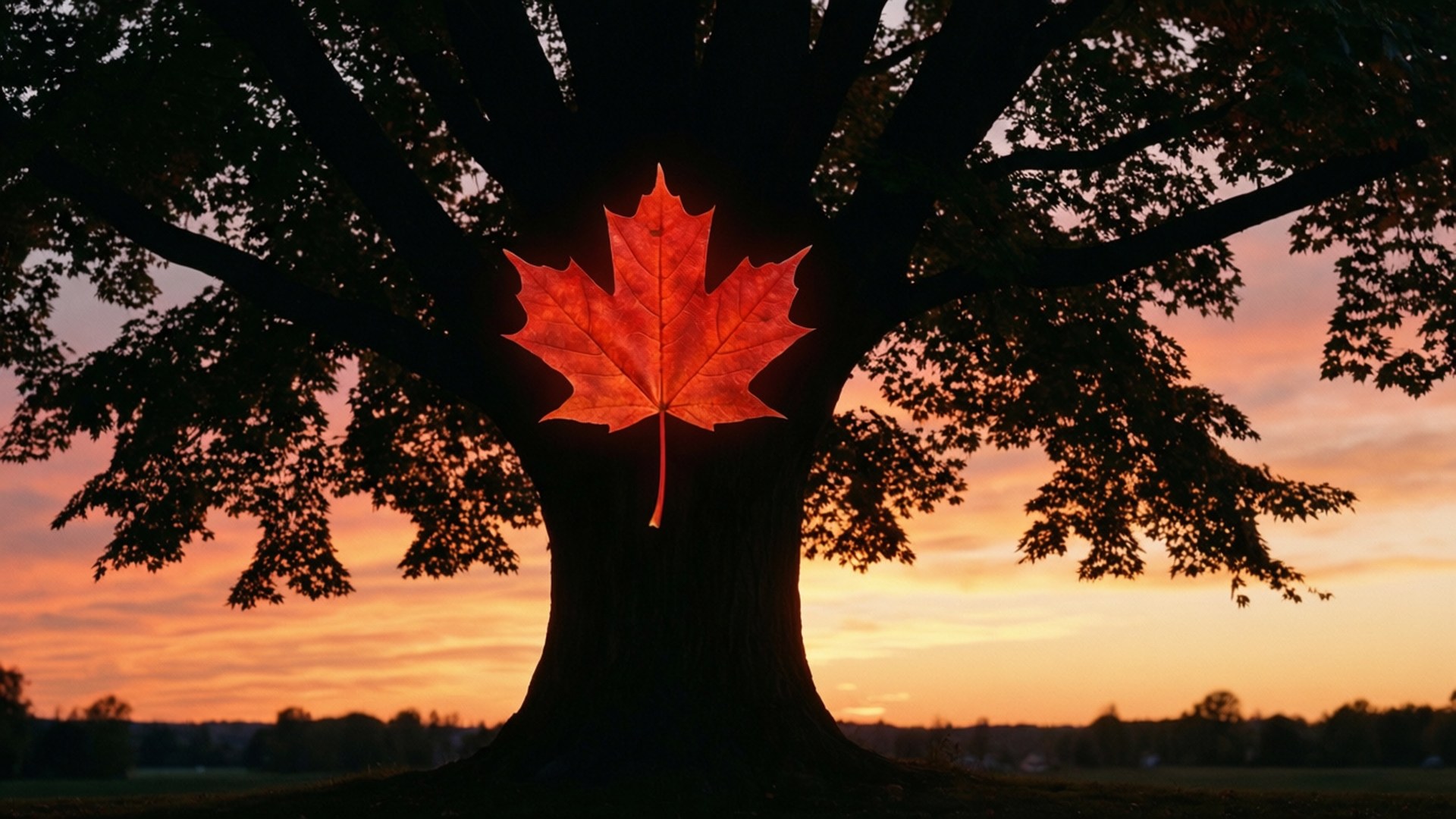 Tree Silhouette Flag 壁紙 — 一片發光的紅色楓葉在黑暗樹木後方鮮豔的日落襯托下形成剪影。