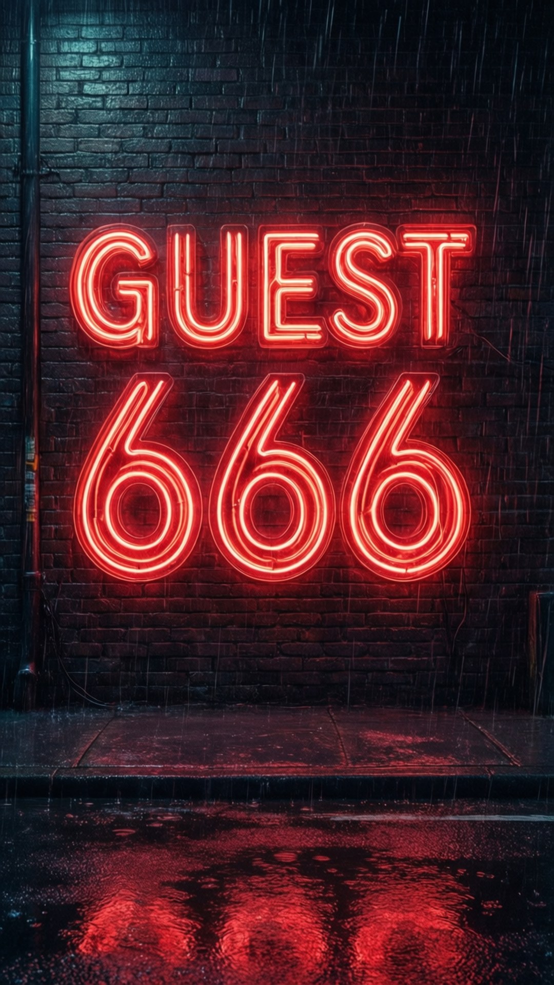 Guest 666 桌布 壁紙 — 在雨中，一個發光的紅色霓虹燈牌寫著 GUEST 666，在濕漉漉的柏油路上投下鮮明的倒影，背景是暗色的磚牆。