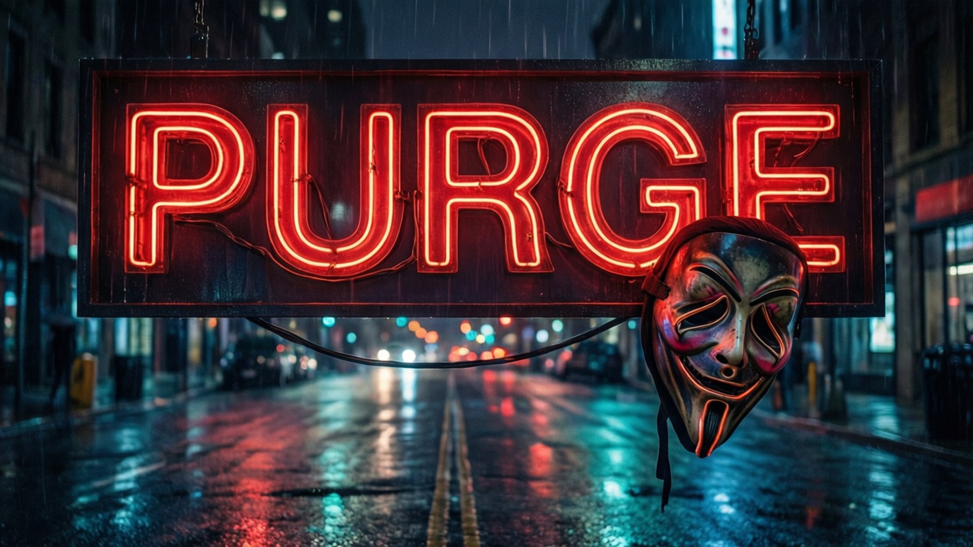 Neon Sign Purge 壁紙 — 一個發光的紅色霓虹燈牌，上面寫著PURGE，掛在雨濕的夜間城市街道上，旁邊懸掛著一個蓋伊·福克斯面具。