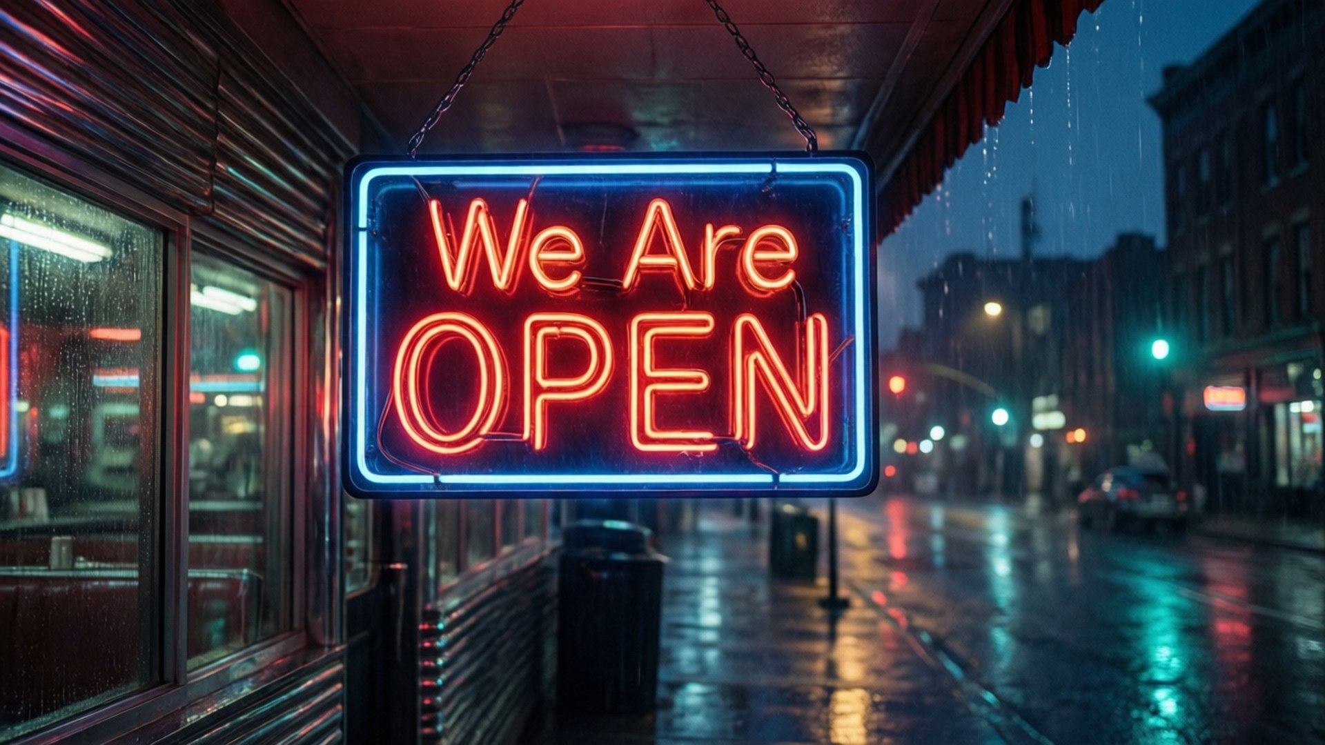 We Are Open 桌布 壁紙 — 一個發光的紅色霓虹燈牌，上面寫著「We Are OPEN」，懸掛在雨濕的夜間城市街道上方，在濕漉漉的路面上反射出五彩繽紛的燈光。