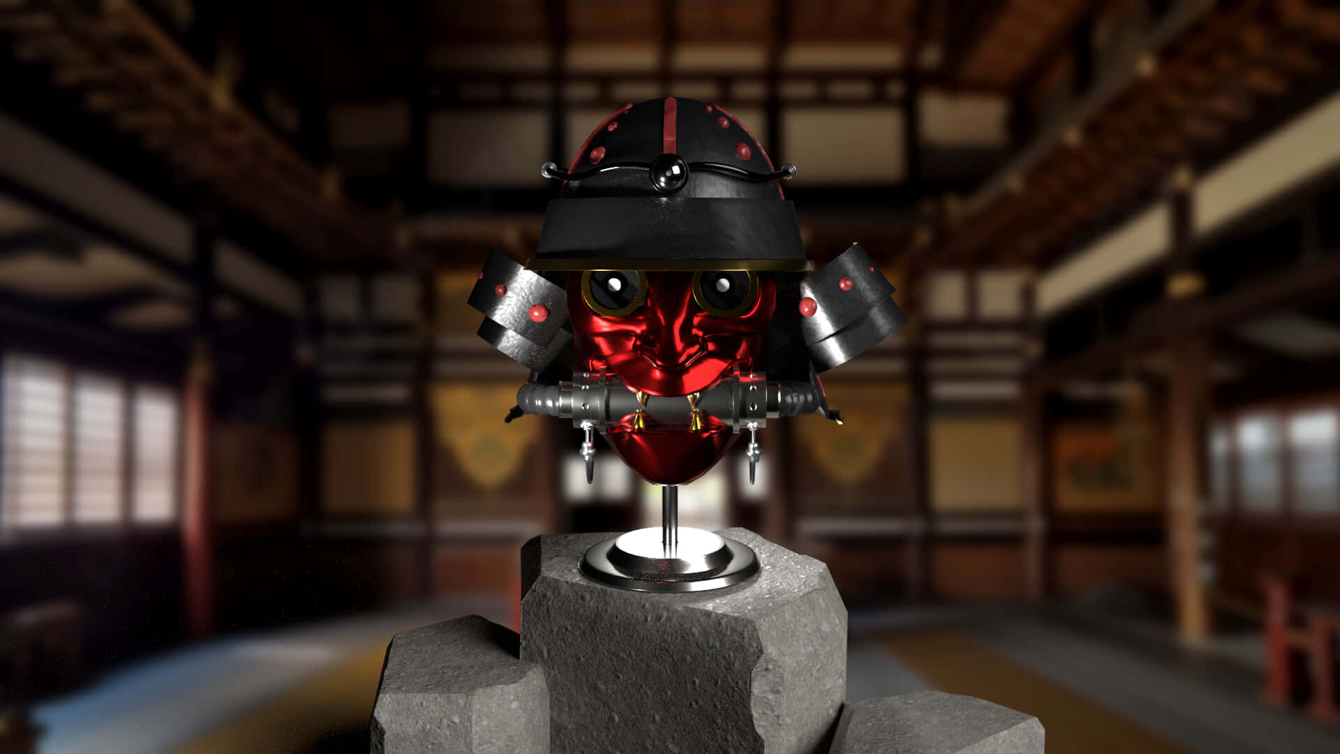  壁紙 — 一個帶有機械細節的發光紅色武士頭盔，矗立在傳統日本木造廳堂內的石製基座上。