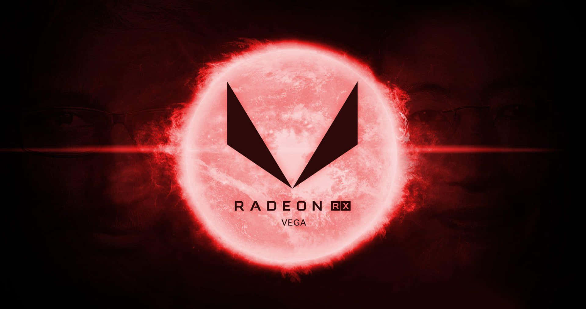 Radeon RX Vega 標誌在深色背景上發出紅光，帶有模糊的臉孔。 — Amd 壁紙