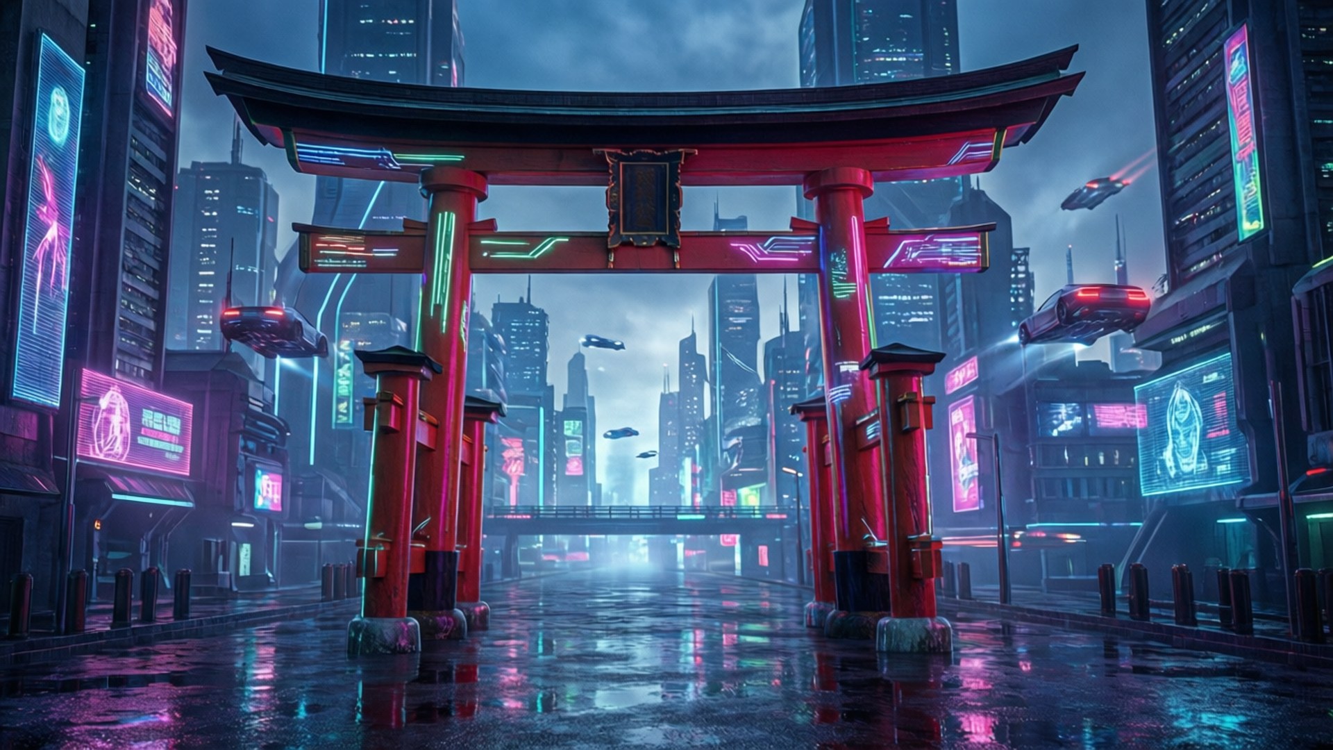 Cyberpunk Torii Gate 壁紙 — 一座發光的紅色鳥居矗立在雨淋濕的霓虹賽博龐克城市景觀中，有飛天汽車和高聳的摩天大樓。