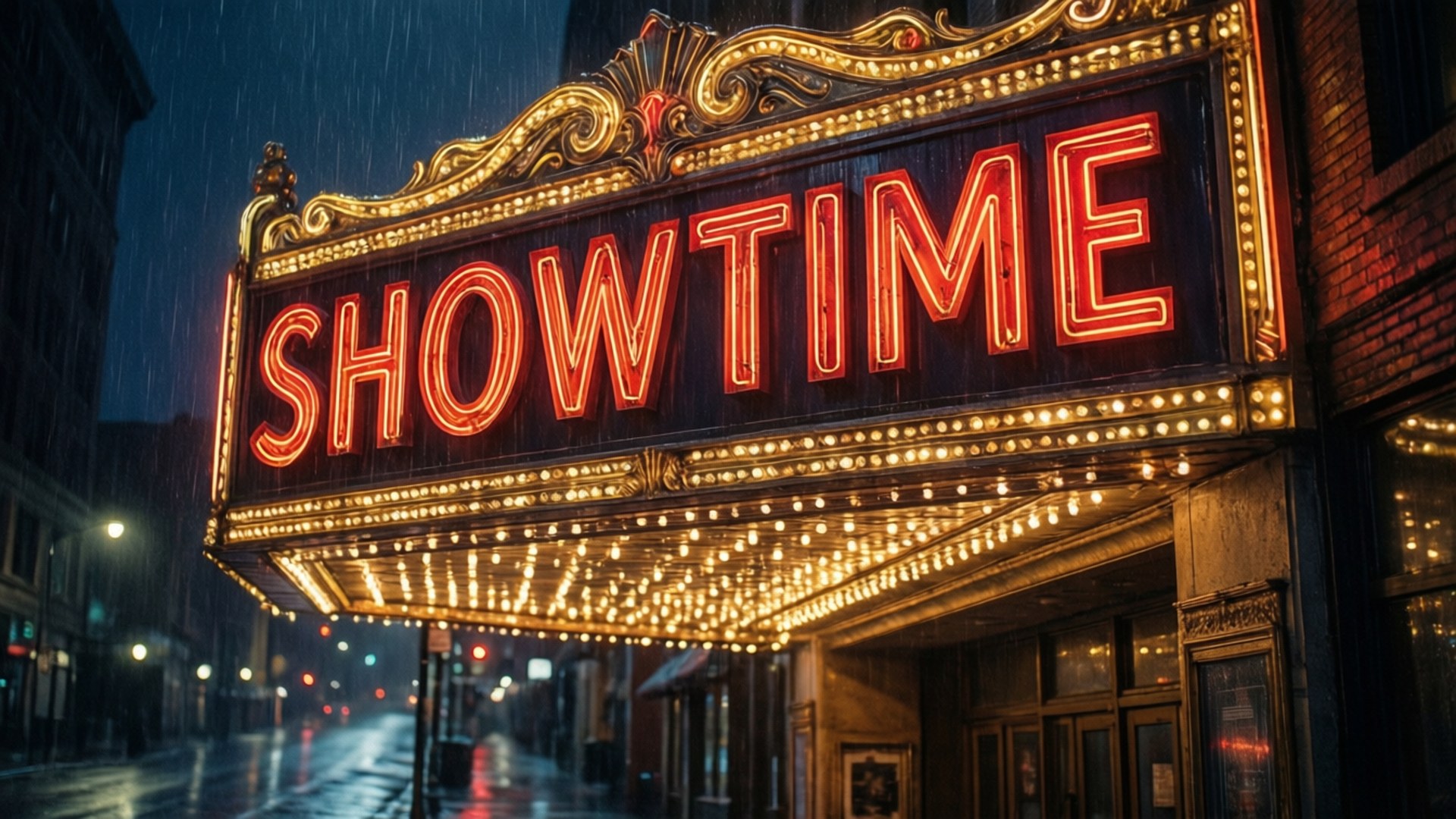 showtime 桌布 壁紙 — 一個發光的「SHOWTIME」招牌在雨夜中用溫暖的霓虹燈和金色燈泡照亮城市街道。