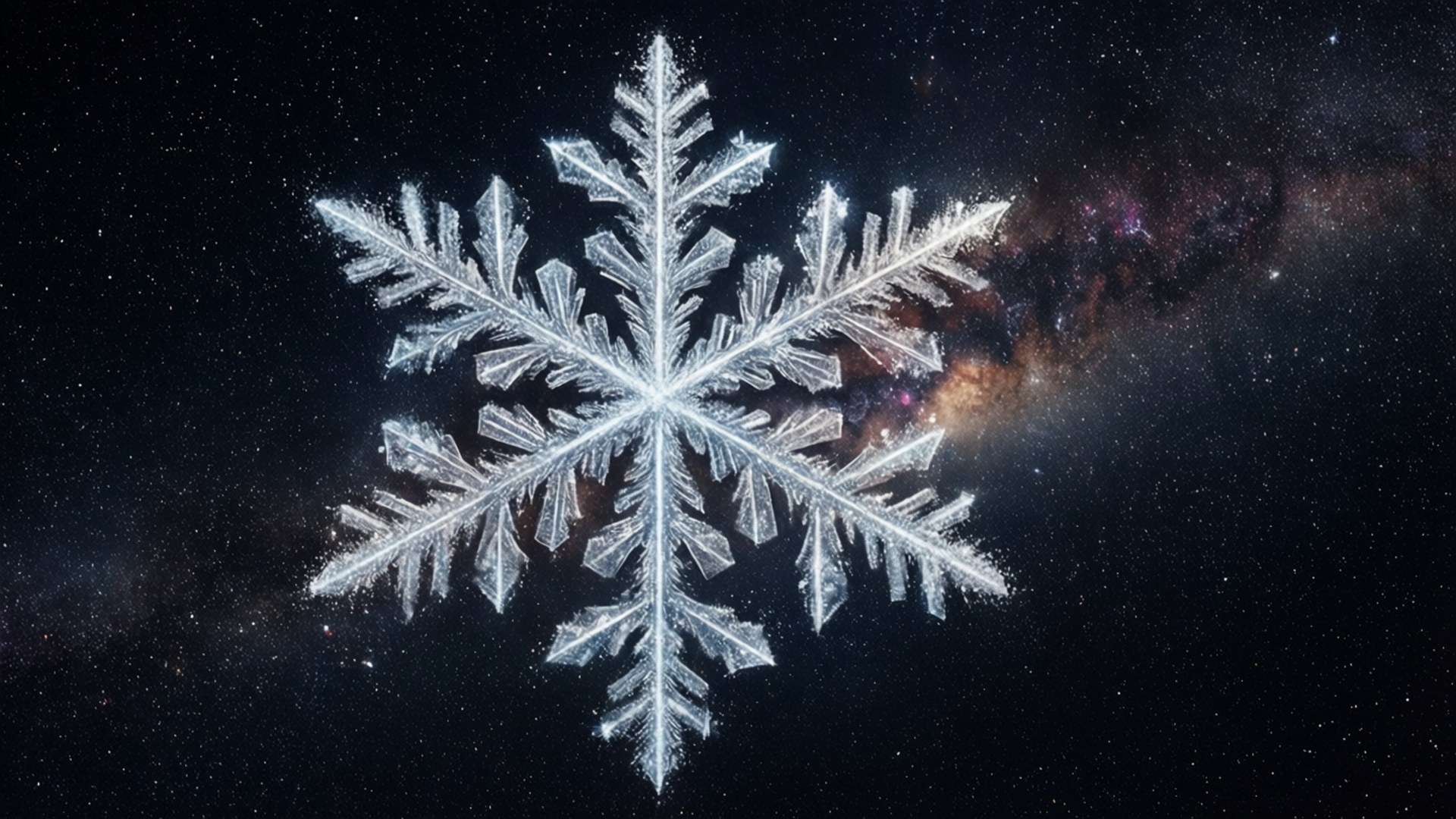 雪花 桌布 壁紙 — 一片細節完美的雪花在繁星點點的宇宙背景下閃耀，背後有充滿活力的銀河拱起。
