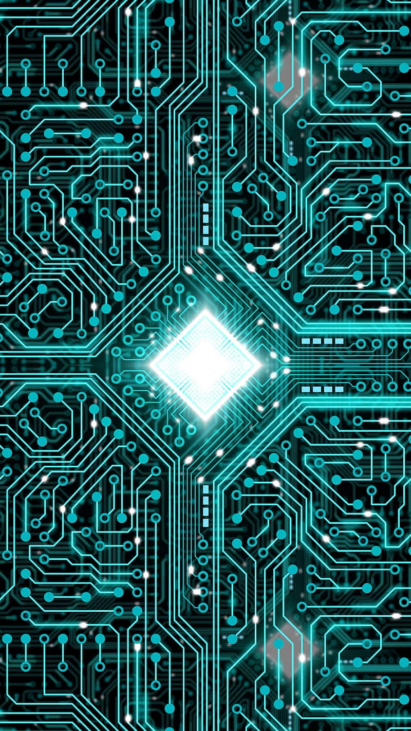  壁紙 — 發光的青綠色電路板圖案從中央的鑽石晶片向外輻射，帶有閃爍的節點。