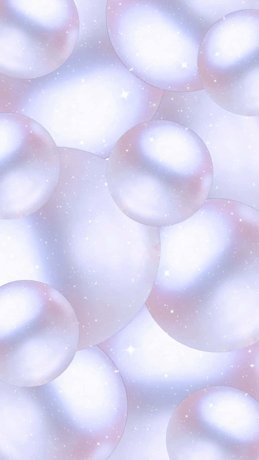  壁紙 — 發光的半透明球體漂浮在一個灑滿閃爍星星的柔和粉彩虛空中。