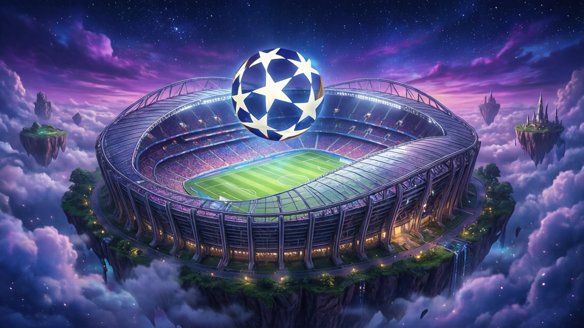 Sky Stadium Fantasy 壁紙 — 一個發光的 UEFA 歐冠足球懸浮在一個漂浮於雲層中的球場上方，下方是繁星點點的紫色天空。