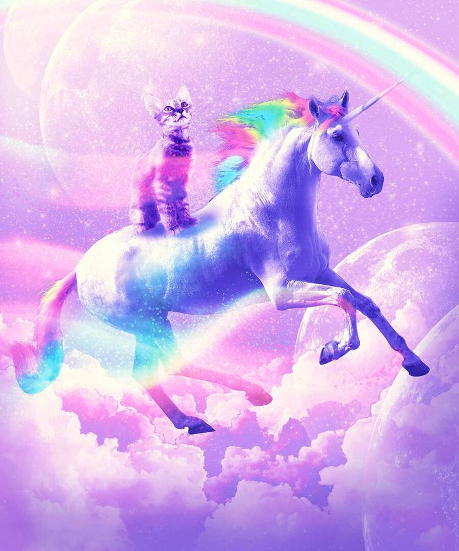 一隻貓騎著彩虹獨角獸穿過夢幻的紫色天空，有雲和月亮。 — 獨角獸 壁紙