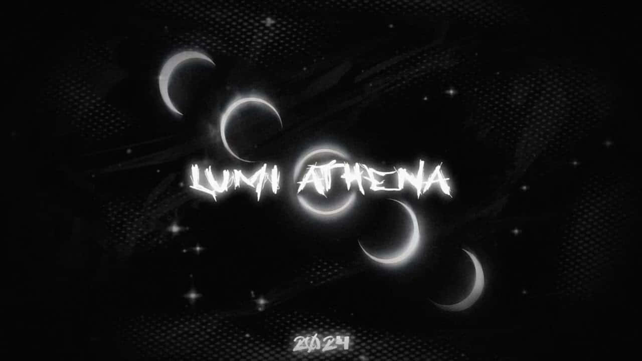  壁紙 — 發光白色文字顯示 LUMI ATHENA，周圍環繞著新月和星星，背景為黑色點狀。